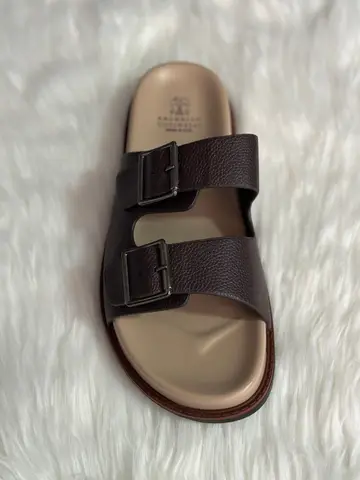 Brunello Cucinelli Men's Dark Brown Pebbled Leather Double-Buckle Sandals
