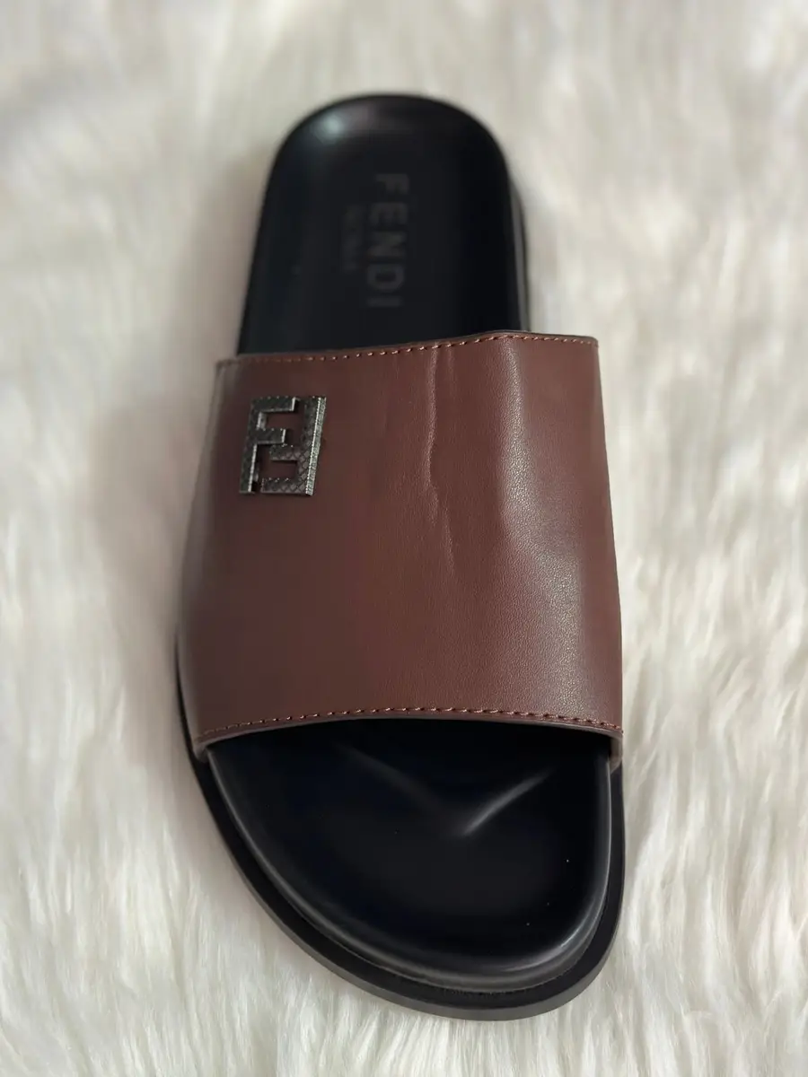 Fendi Men's Chocolate Brown Leather FF Logo Strap Slides
