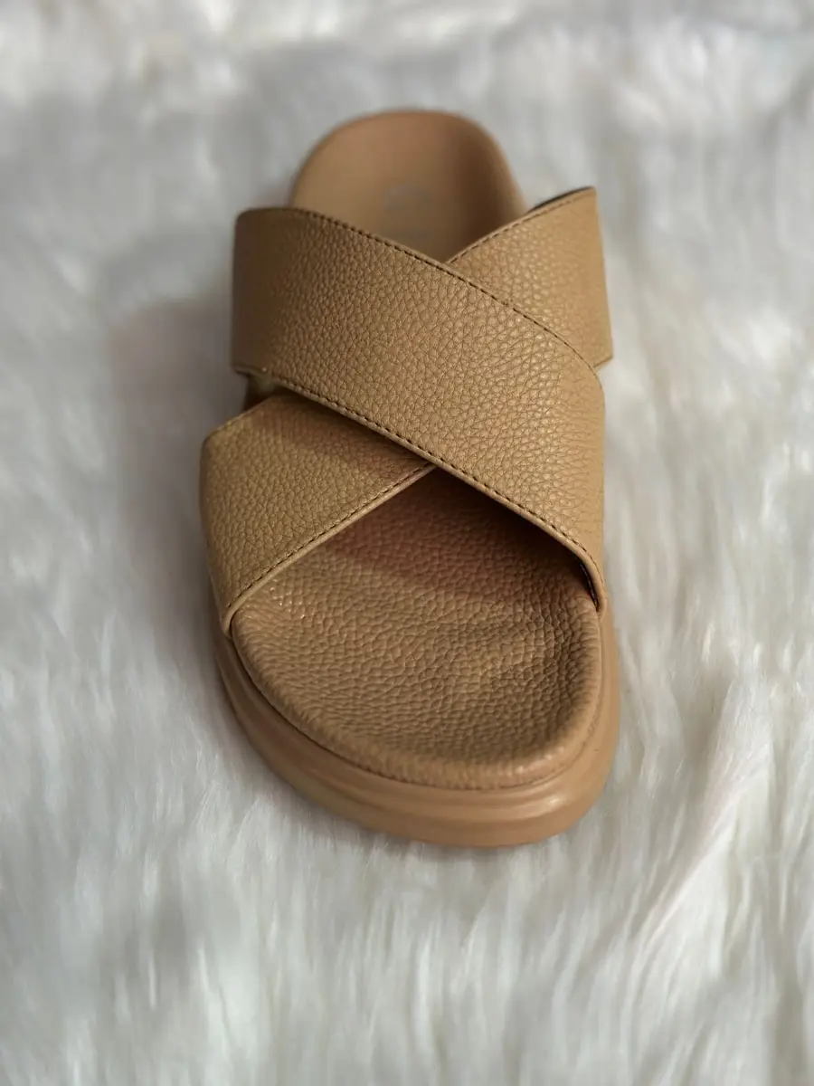 Men's Beige Pebbled Leather Crossover Comfort Slides