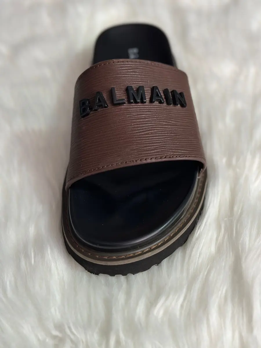 Balmain Men's Brown Textured Leather 3D Logo Slide Sandals