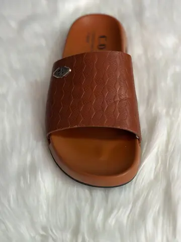 Men's Cognac Tan Diamond-Textured Leather Slide Sandals