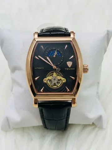 TEVISE Men's Tonneau Automatic Tourbillon-Style Sun/Moon Phase Watch