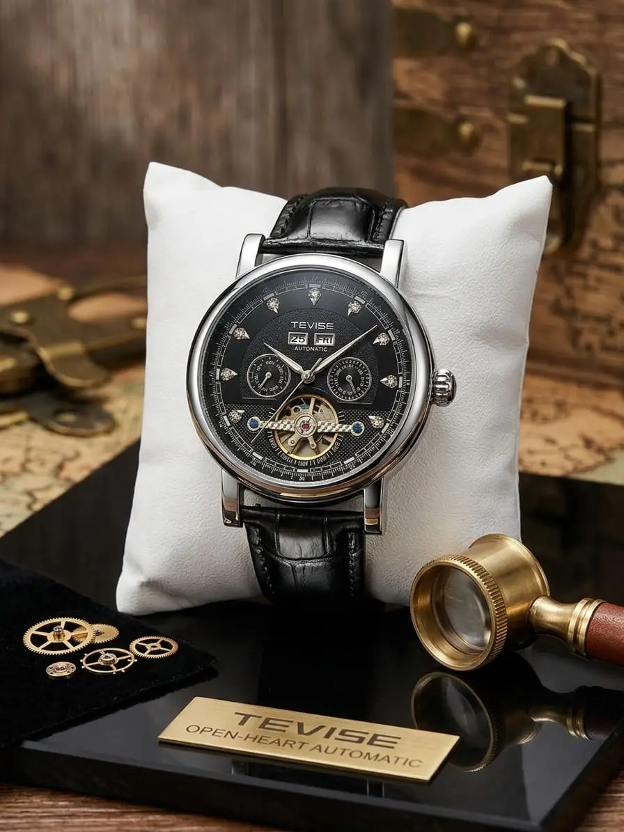 TEVISE Open-Heart Automatic Men's Leather Watch with Full Calendar