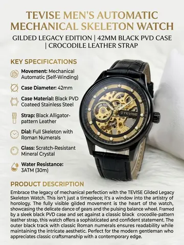 TEVISE Men's Automatic Mechanical Skeleton Watch – Gilded Legacy