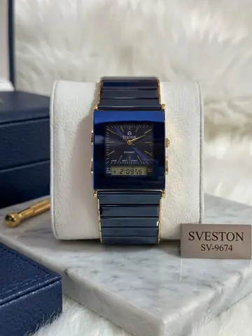 SVESTON SV-9674 Square Blue Ceramic Ana-Digi Gold Accent Watch